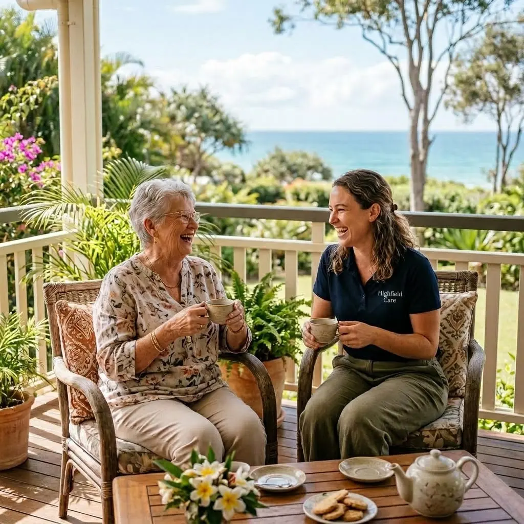Smiling senior woman with a friendly carer enjoying tea on a sunlit veranda
