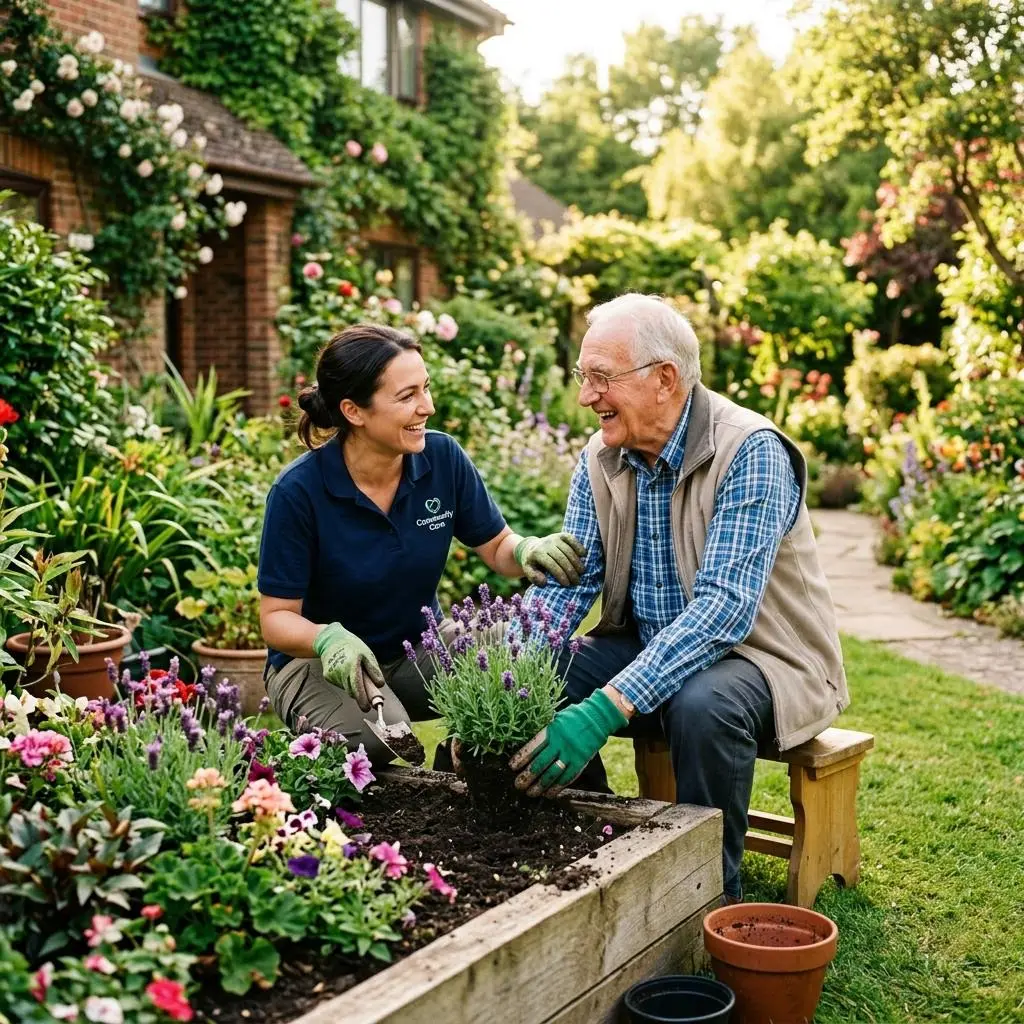 Carer and senior gardening together